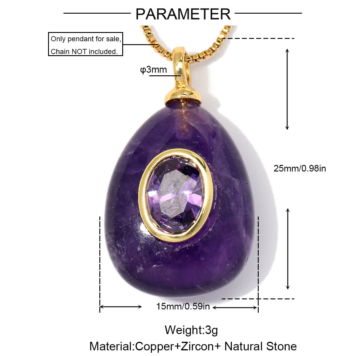 6pcs/Lot Natural Stone Copper White Jade Amethyst DIY Charms Zircon Square Diamond Shape Necklace Pendants Woman Jewelry
