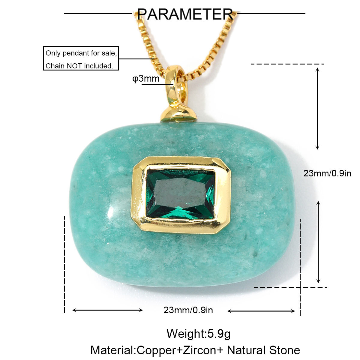 6pcs/Lot Natural Stone Copper White Jade Amethyst DIY Charms Zircon Square Diamond Shape Necklace Pendants Woman Jewelry