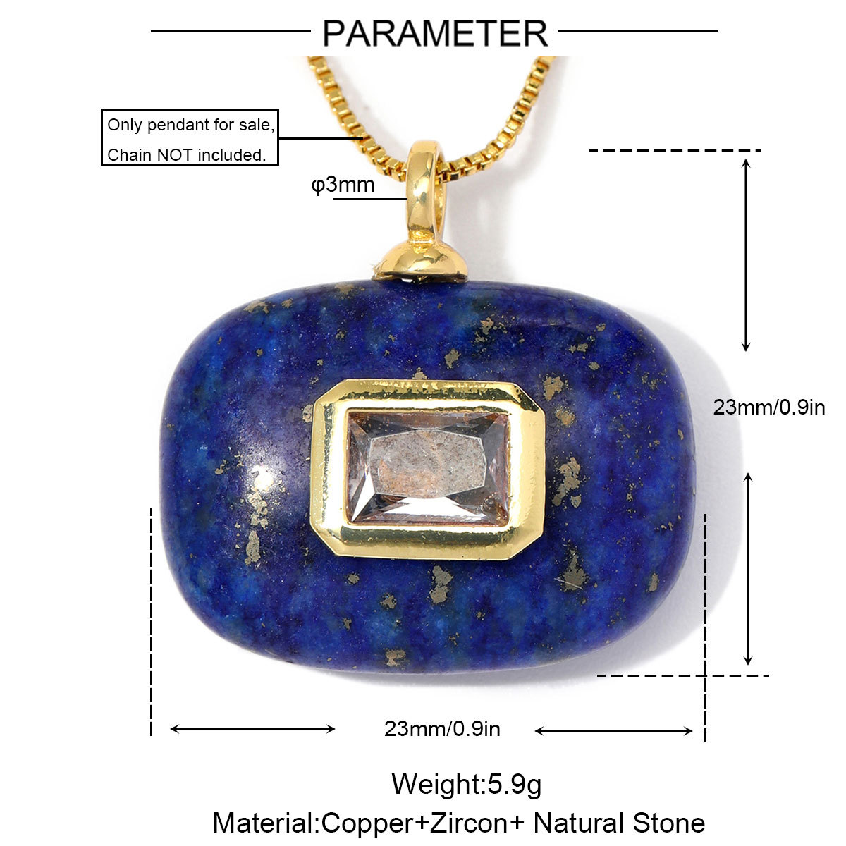 6pcs/Lot Natural Stone Copper White Jade Amethyst DIY Charms Zircon Square Diamond Shape Necklace Pendants Woman Jewelry