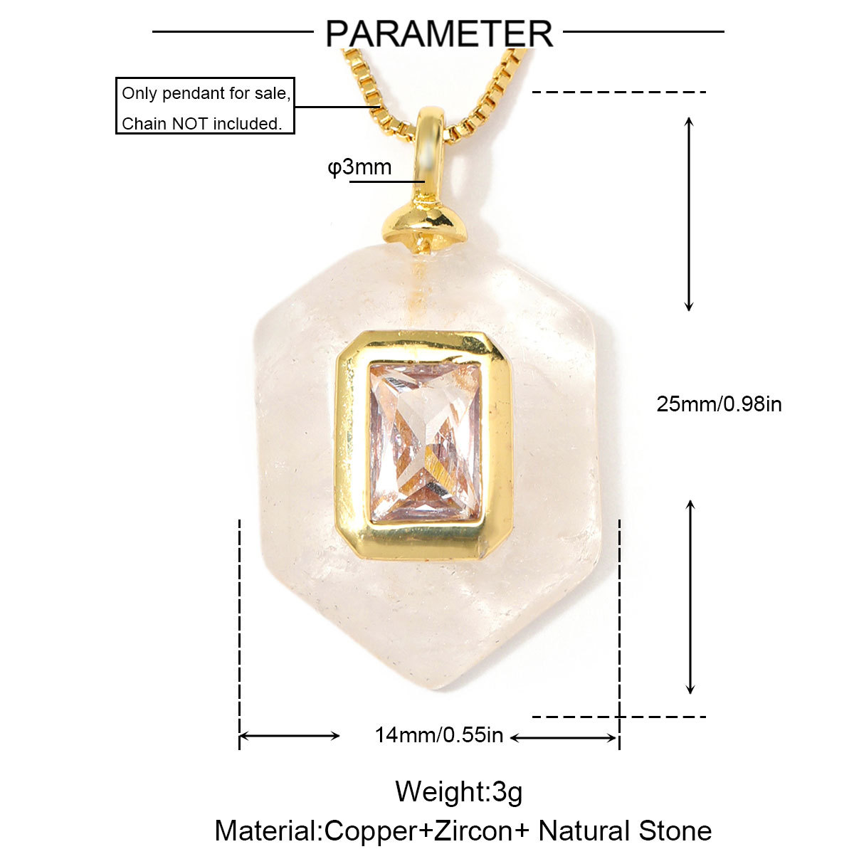 6pcs/Lot Natural Stone Copper White Jade Amethyst DIY Charms Zircon Square Diamond Shape Necklace Pendants Woman Jewelry