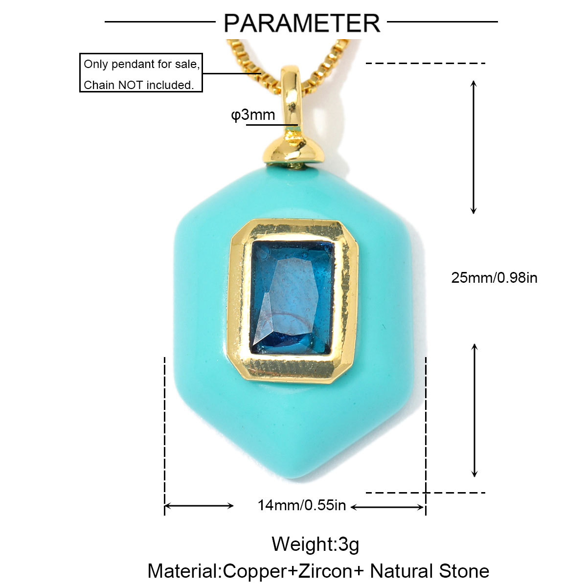 6pcs/Lot Natural Stone Copper White Jade Amethyst DIY Charms Zircon Square Diamond Shape Necklace Pendants Woman Jewelry