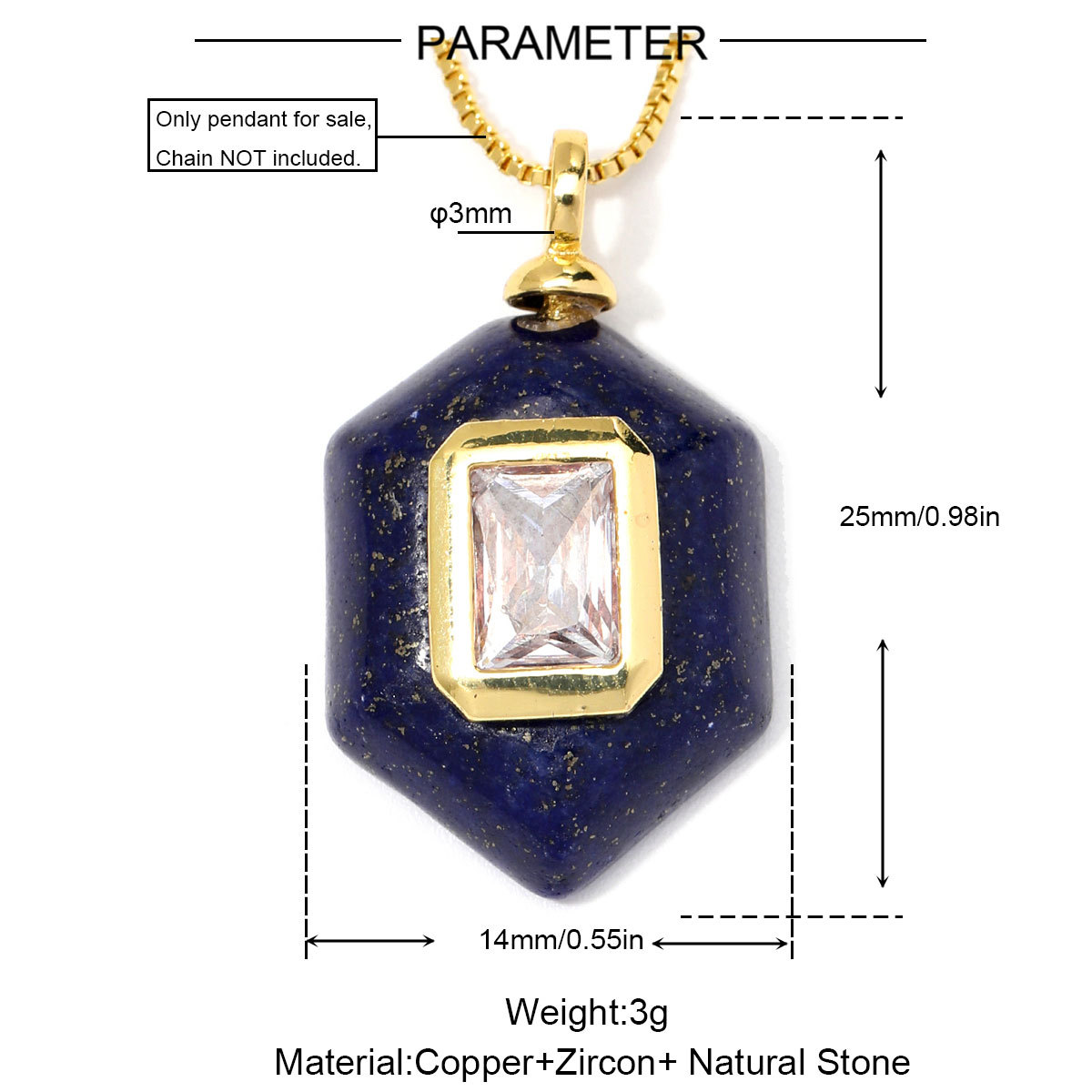 6pcs/Lot Natural Stone Copper White Jade Amethyst DIY Charms Zircon Square Diamond Shape Necklace Pendants Woman Jewelry