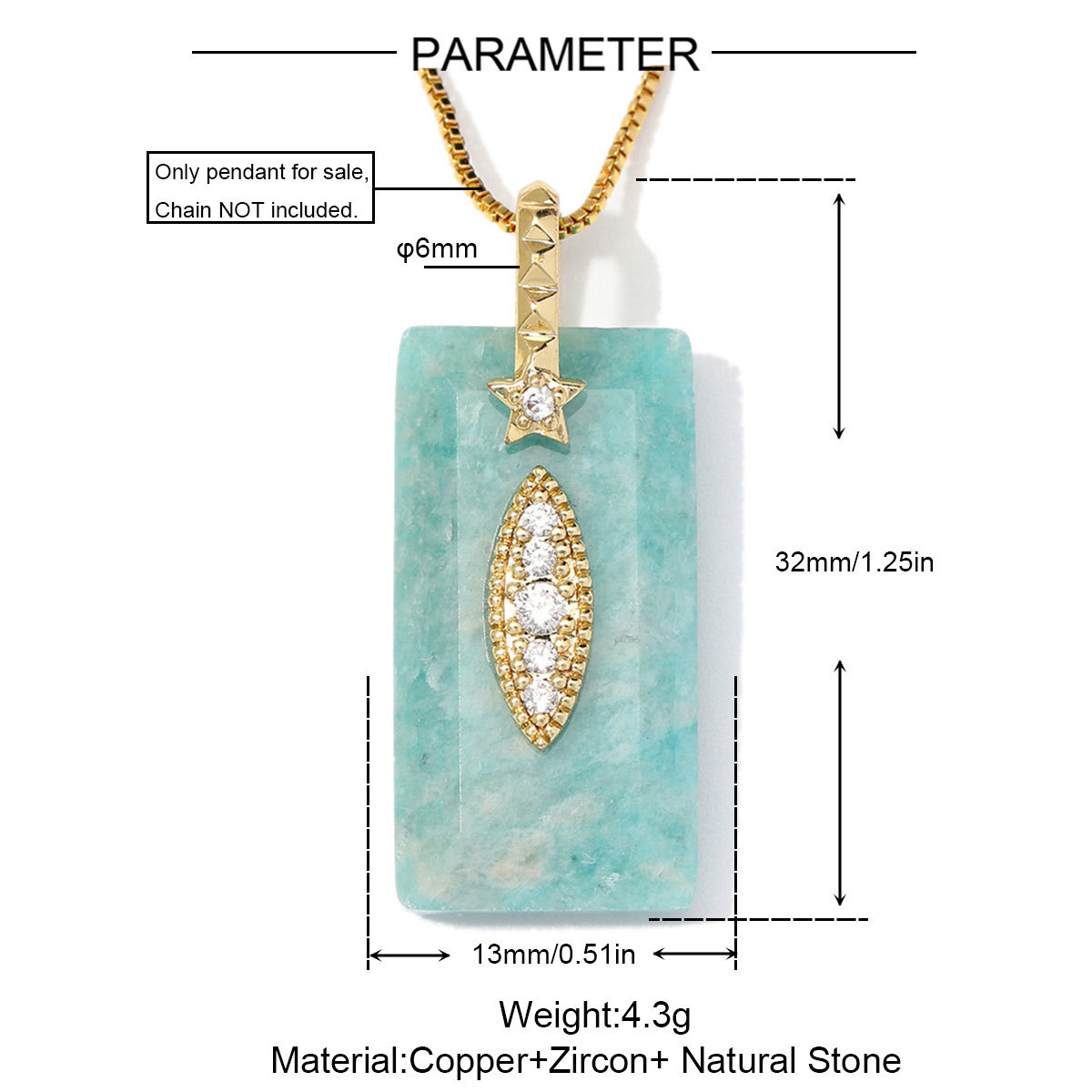 6pcs/Lot Fashion Copper Zircon Evil Eye Star DIY Charms Square Lapis Lazuli Necklace Pendants Woman Natural Stone Jewelry Wholesale
