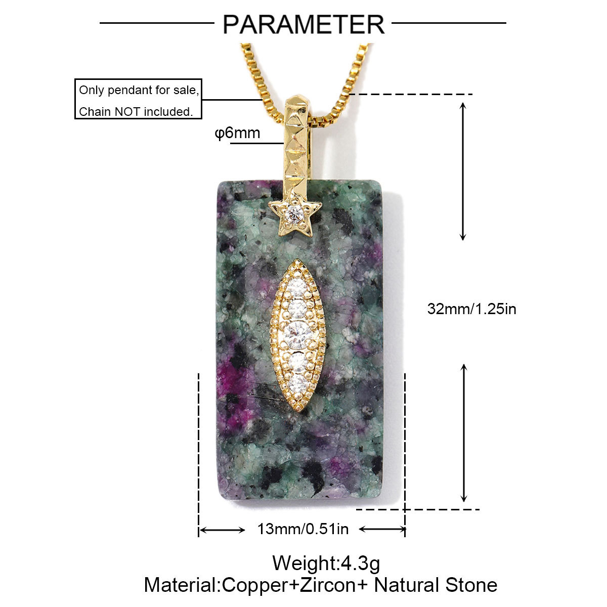 6pcs/Lot Fashion Copper Zircon Evil Eye Star DIY Charms Square Lapis Lazuli Necklace Pendants Woman Natural Stone Jewelry Wholesale