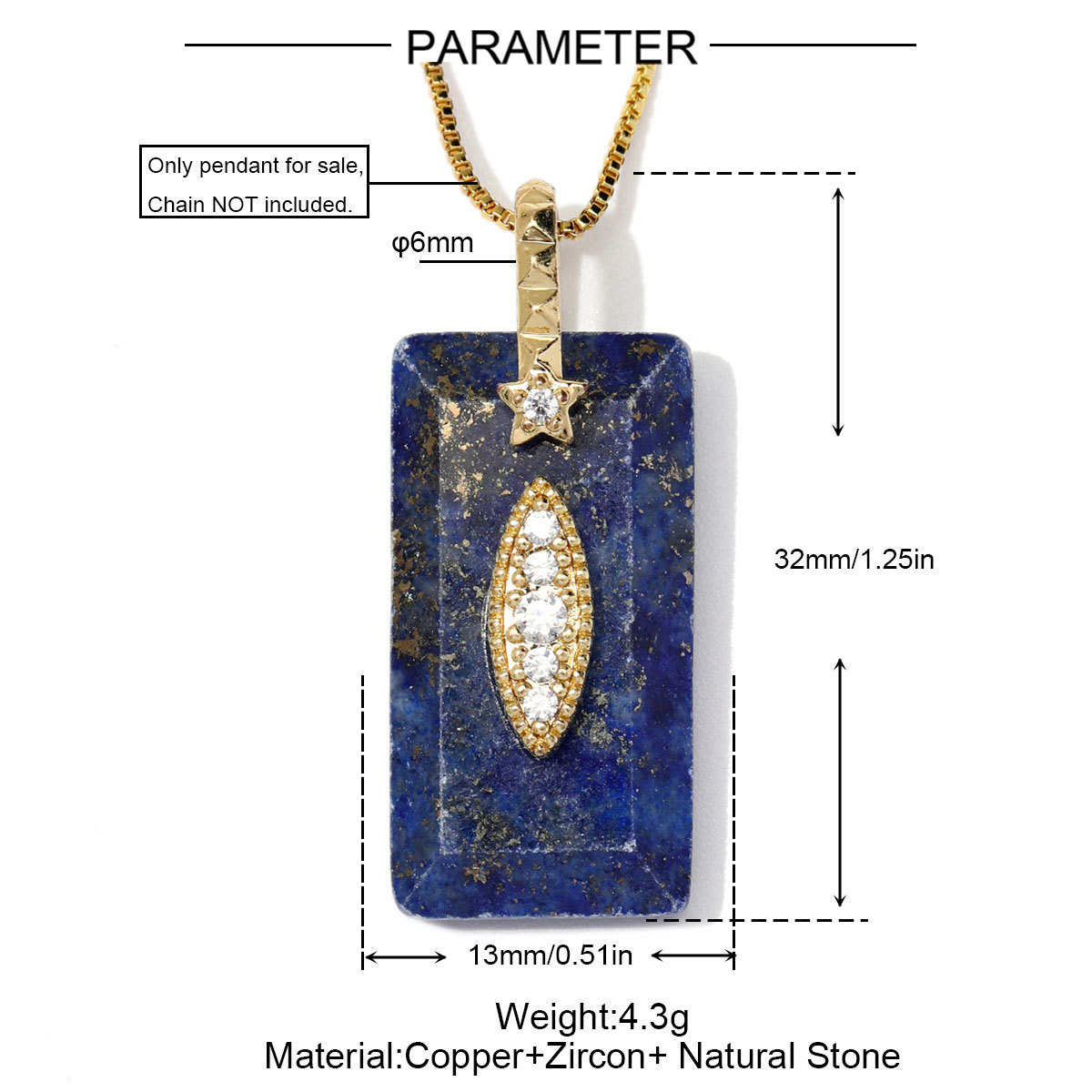 6pcs/Lot Fashion Copper Zircon Evil Eye Star DIY Charms Square Lapis Lazuli Necklace Pendants Woman Natural Stone Jewelry Wholesale