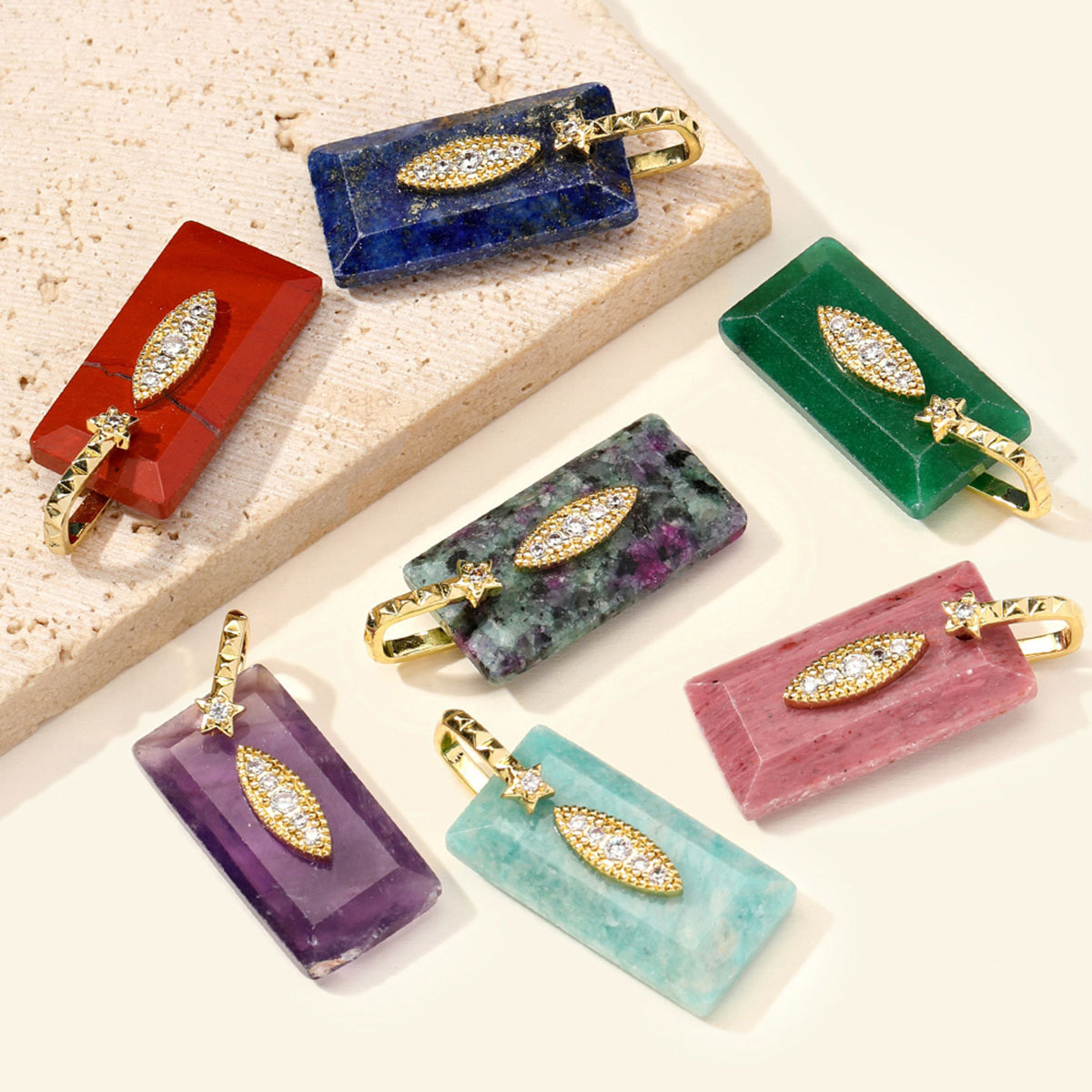 6pcs/Lot Fashion Copper Zircon Evil Eye Star DIY Charms Square Lapis Lazuli Necklace Pendants Woman Natural Stone Jewelry Wholesale