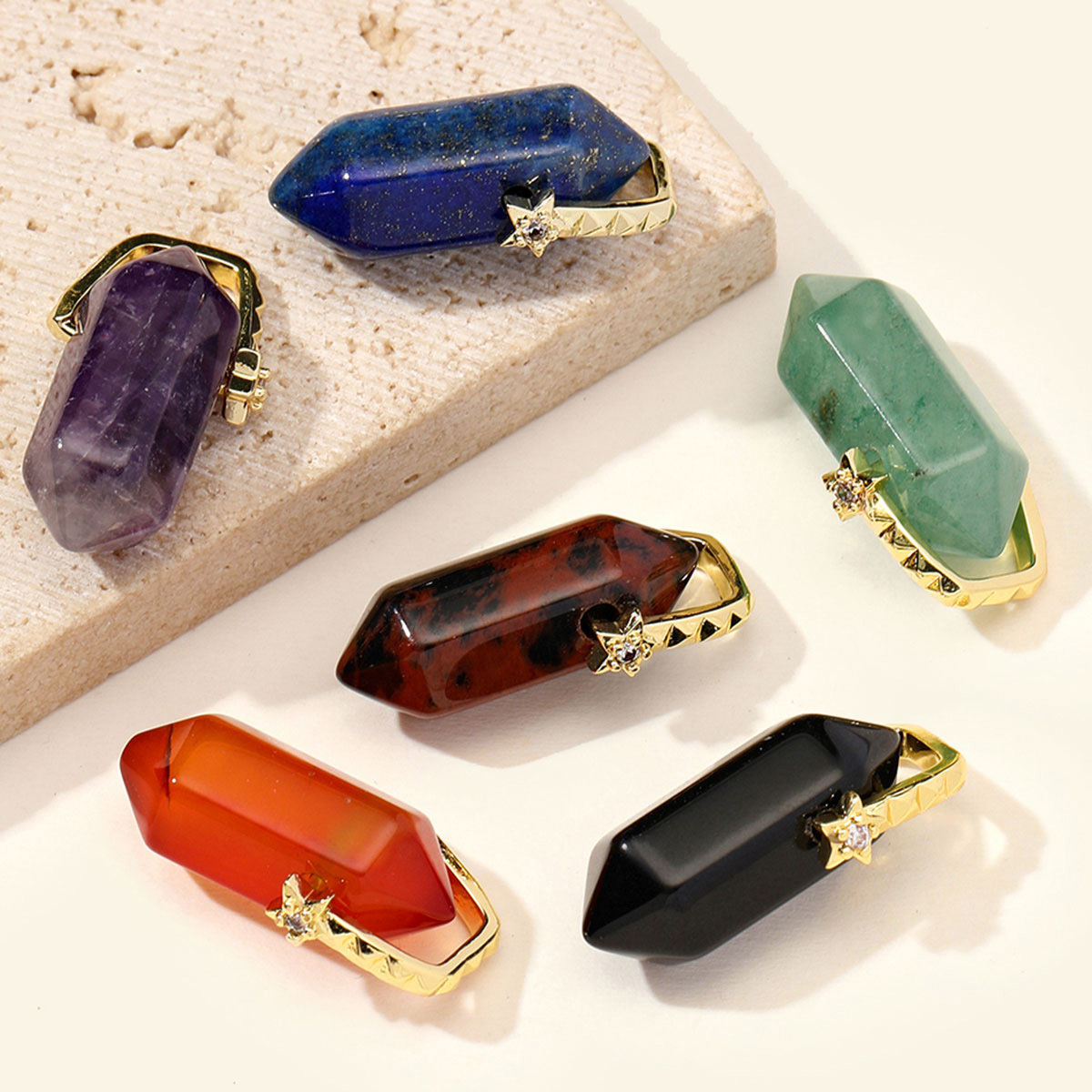 6pcs/Lot Natural Stone Copper Diamond Shape Black Agate DIY Charm Square Zircon Star Necklace Pendant Woman Jewelry Wholesale