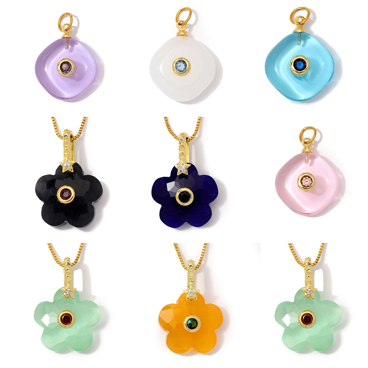 6pcs/Lot Copper Glass Stone Square DIY Charms Zircon Star Flower Shaped Necklace Pendants Woman Special Gift Jewelry Wholesale