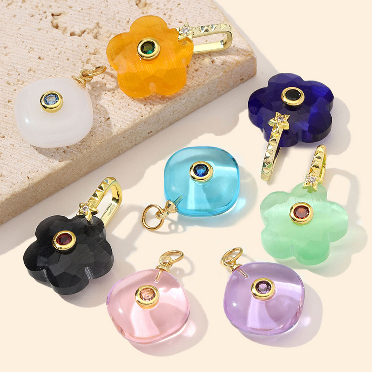 6pcs/Lot Copper Glass Stone Square DIY Charms Zircon Star Flower Shaped Necklace Pendants Woman Special Gift Jewelry Wholesale