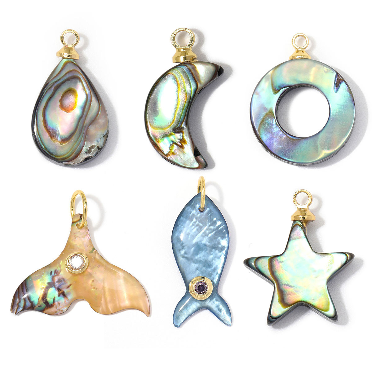6pcs/Lot Copper Star Moon Circle DIY Earring Charms Lucky Mermaid Tail Fish Necklace Pendants Woman Waterdrop Jewelry Wholesale