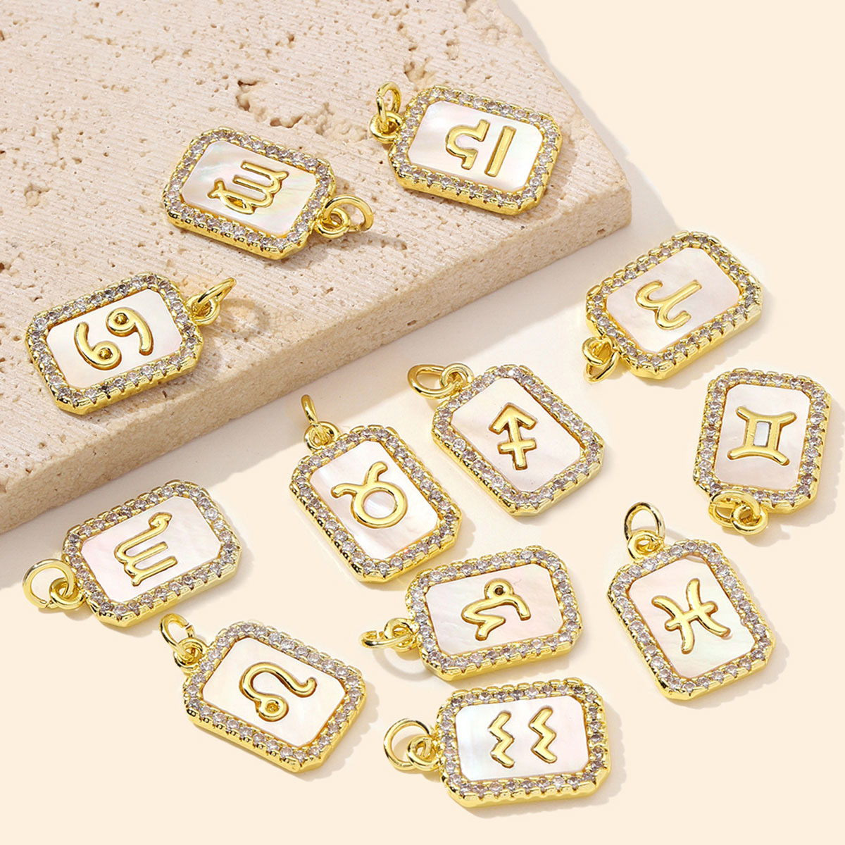 6pcs/Lot Copper Zircon Zodiac Sign DIY Charms Sagittarius Aries Shell Necklace Pendants Woman Aquarius Gemini Jewelry Wholesale