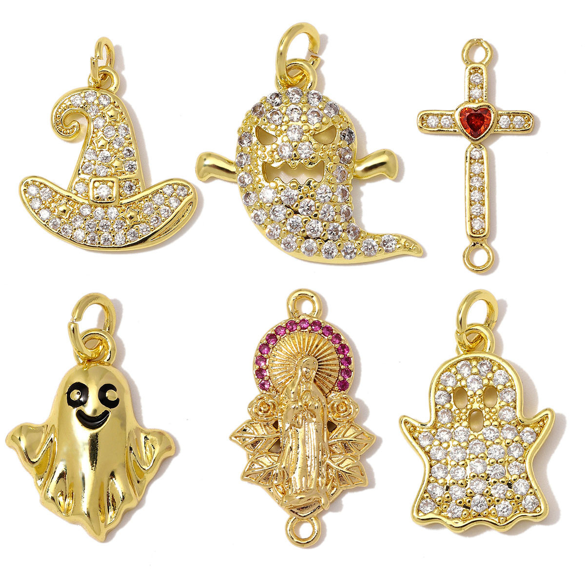 6pcs/Lot Wholesale Copper Zircon Ghost Witch Hat DIY Bracelet Charm Cross Virgin Mary Necklace Pendant Woman Halloween Gift Jewelry