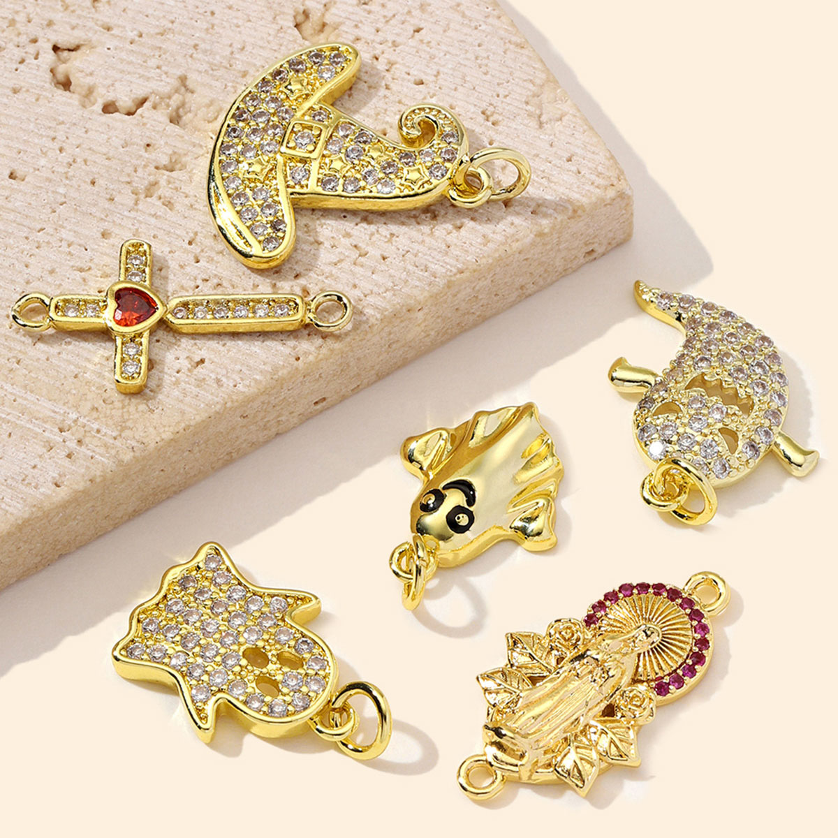 6pcs/Lot Wholesale Copper Zircon Ghost Witch Hat DIY Bracelet Charm Cross Virgin Mary Necklace Pendant Woman Halloween Gift Jewelry