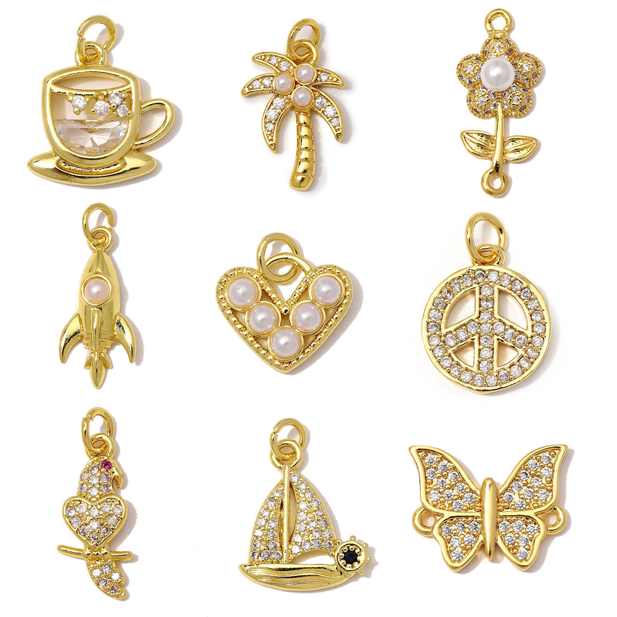 6pcs/Lot Copper Zircon Coffee Cup Butterfly DIY Bracelet Charms Sail Boat Heart Necklace Pendant Woman Rocket Jewelry Wholesale