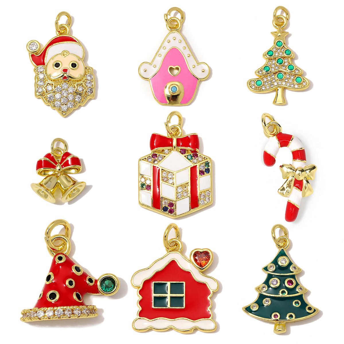 6pcs/Lot Wholesale Copper Zircon Santa Claus Bell DIY Bracelet Charms Snow House Necklace Pendant Woman Christmas Hat Gift Jewelry