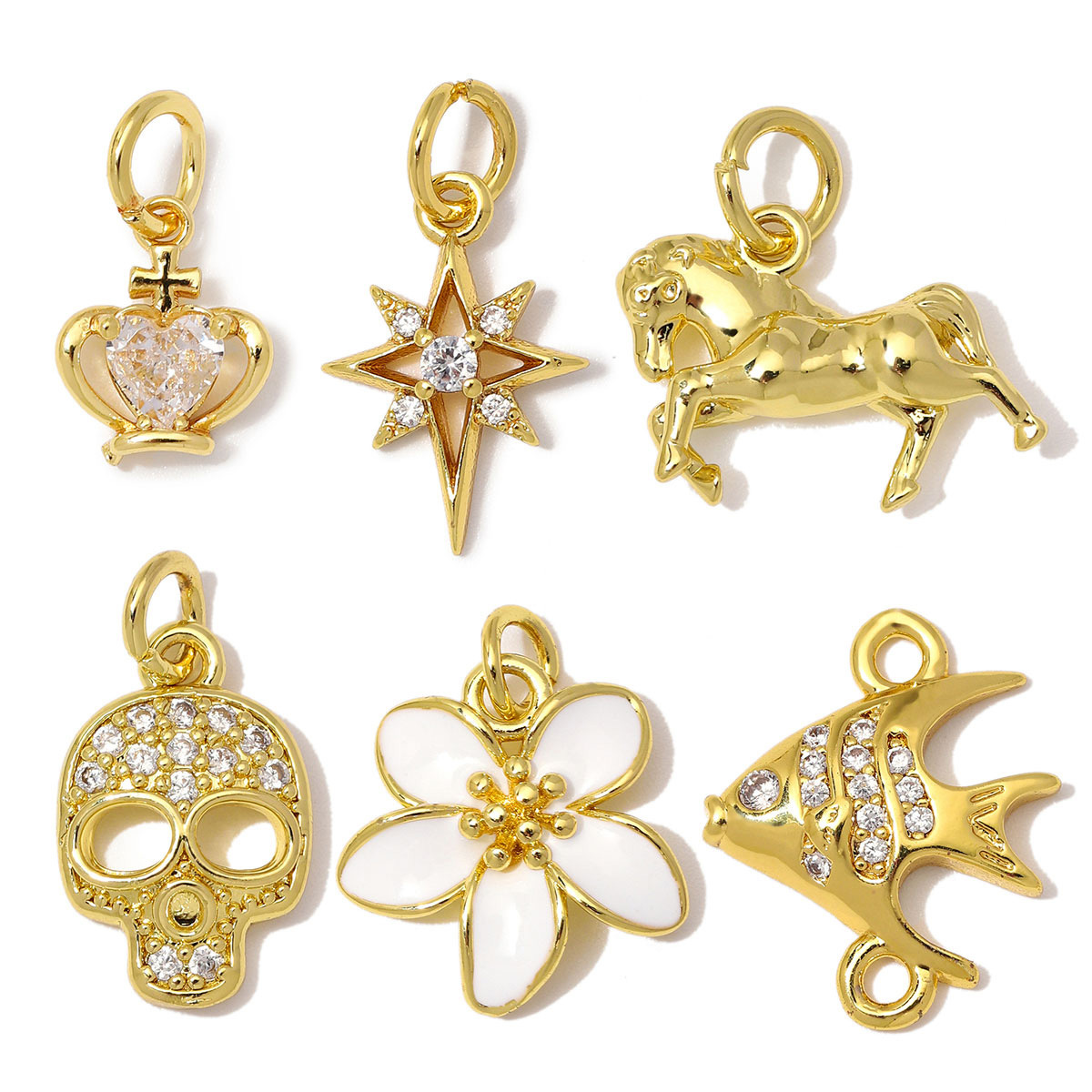 6pcs/Lot Copper Zircon Skull Fish DIY Bracelet Charms Crown Star Plane Necklace Pendant Woman Flower Horse Jewelry Wholesale