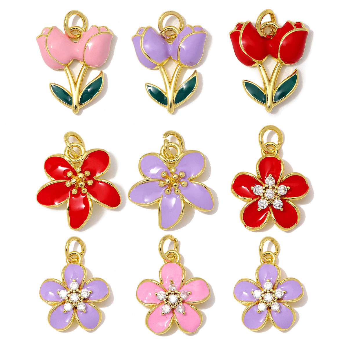6pcs/Lot Fashion Copper Zircon Daisy DIY Bracelet Charms Enamel Lucky Flower Necklace Pendants Woman Rose Jewelry Wholesale