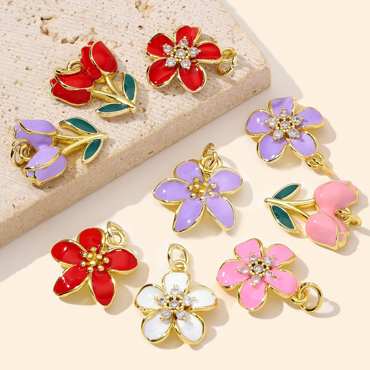 6pcs/Lot Fashion Copper Zircon Daisy DIY Bracelet Charms Enamel Lucky Flower Necklace Pendants Woman Rose Jewelry Wholesale
