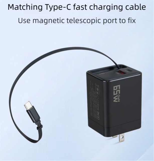 65W GaN-Ladegerät mit eingebautem zurückziehbarem Type-C-Kabel, DonvisTek, PD30W UK-Stecker USB-C-Ladegerät