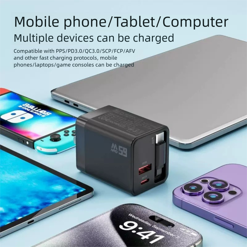 65W GaN-Ladegerät mit eingebautem zurückziehbarem Type-C-Kabel, DonvisTek, PD30W UK-Stecker USB-C-Ladegerät