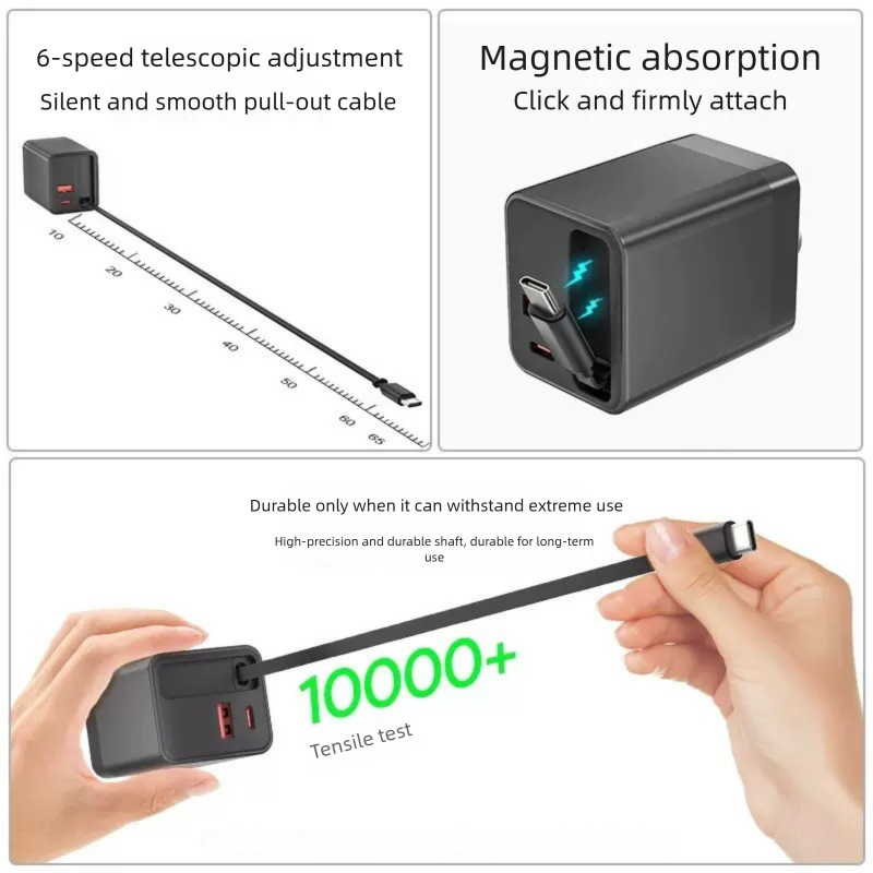65W GaN-Ladegerät mit eingebautem zurückziehbarem Type-C-Kabel, DonvisTek, PD30W UK-Stecker USB-C-Ladestation