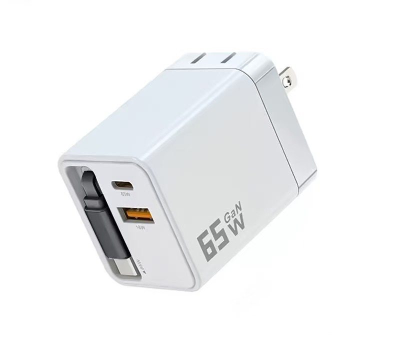 65W GaN-Ladegerät mit eingebautem zurückziehbarem Type-C-Kabel, DonvisTek, PD30W UK-Stecker USB-C-Ladestation