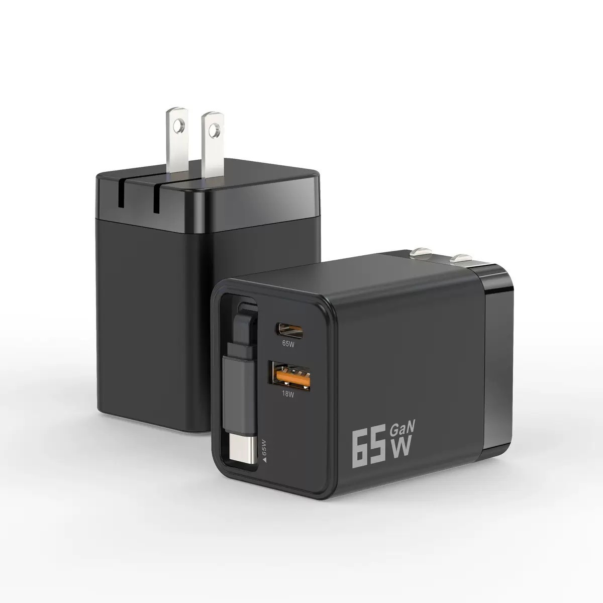 65W GaN-Ladegerät mit eingebautem zurückziehbarem Type-C-Kabel, DonvisTek, PD30W UK-Stecker USB-C-Ladegerät