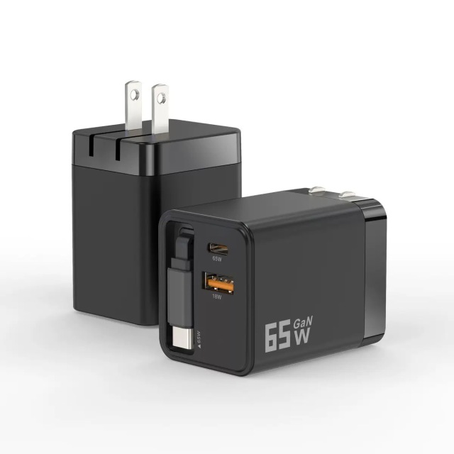 65W GaN-Ladegerät mit eingebautem zurückziehbarem Type-C-Kabel, DonvisTek, PD30W UK-Stecker USB-C-Ladegerät