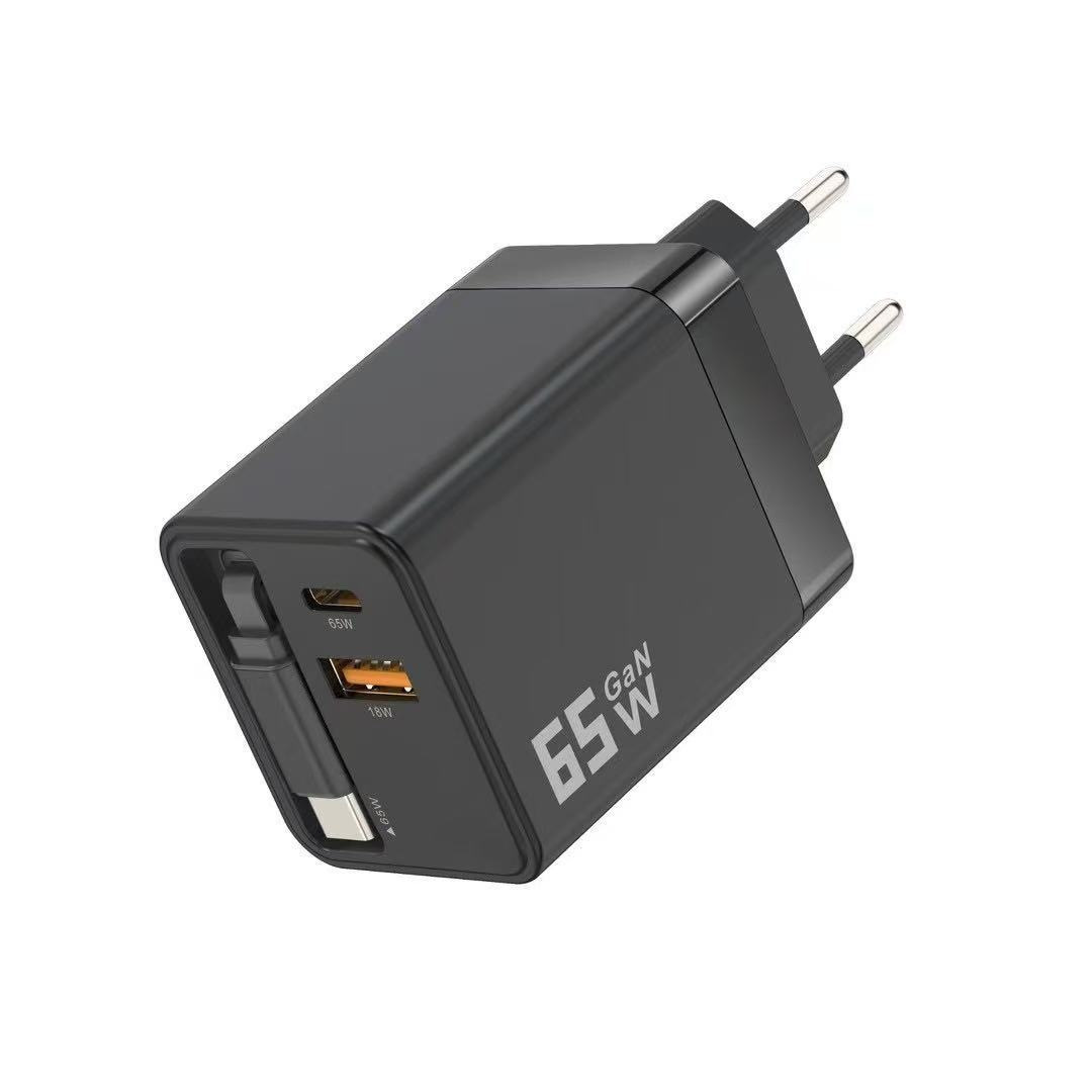 65W GaN-Ladegerät mit eingebautem zurückziehbarem Type-C-Kabel, DonvisTek, PD30W UK-Stecker USB-C-Ladegerät