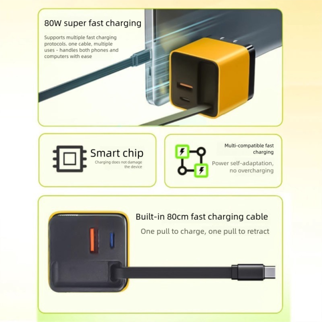 80W einziehbares GaN-Wandladegerät mit integriertem 80 cm Kabel, DonvisTek, 80W einziehbares GaN-Wandladegerät mit integriertem 80 cm Kabel