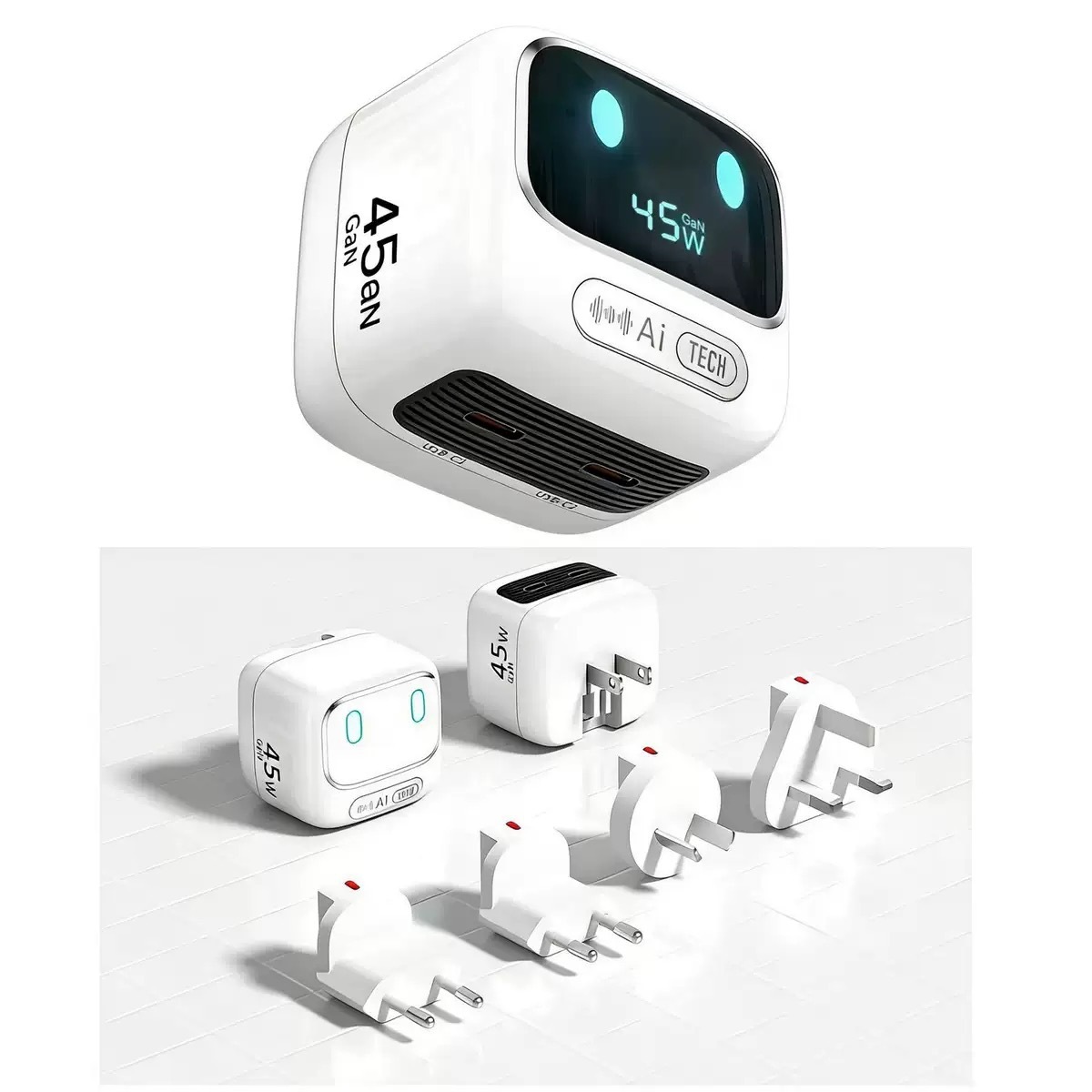 Cargador de pared GaN de 45W con control de voz AI y luz nocturna LED, DonvisTek, Cargador de pared GaN de 45W con control de voz AI y luz nocturna LED