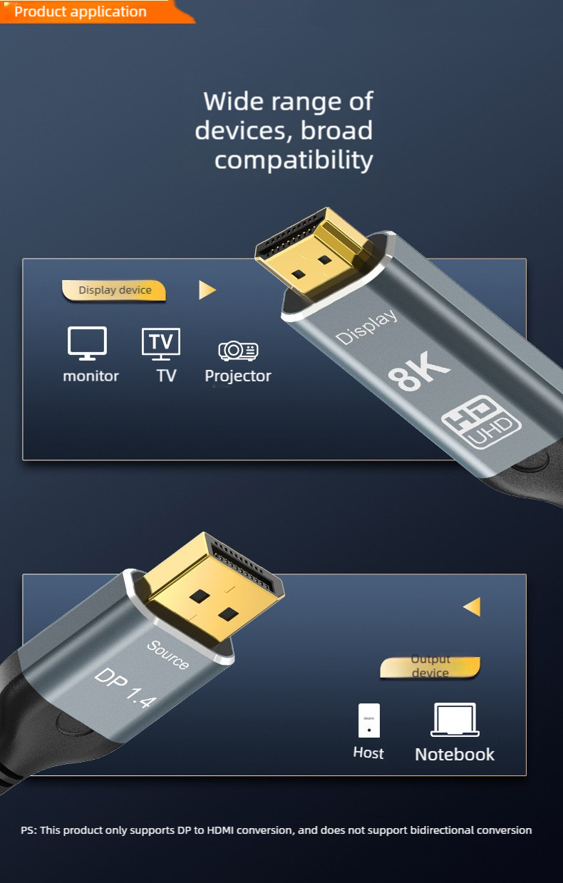 8K DP to HDMI 1.4 Cable Braided Aluminum Alloy Shell,DonvisTek,8K DP to HDMI 1.4 Cable Braided Aluminum Alloy Shell