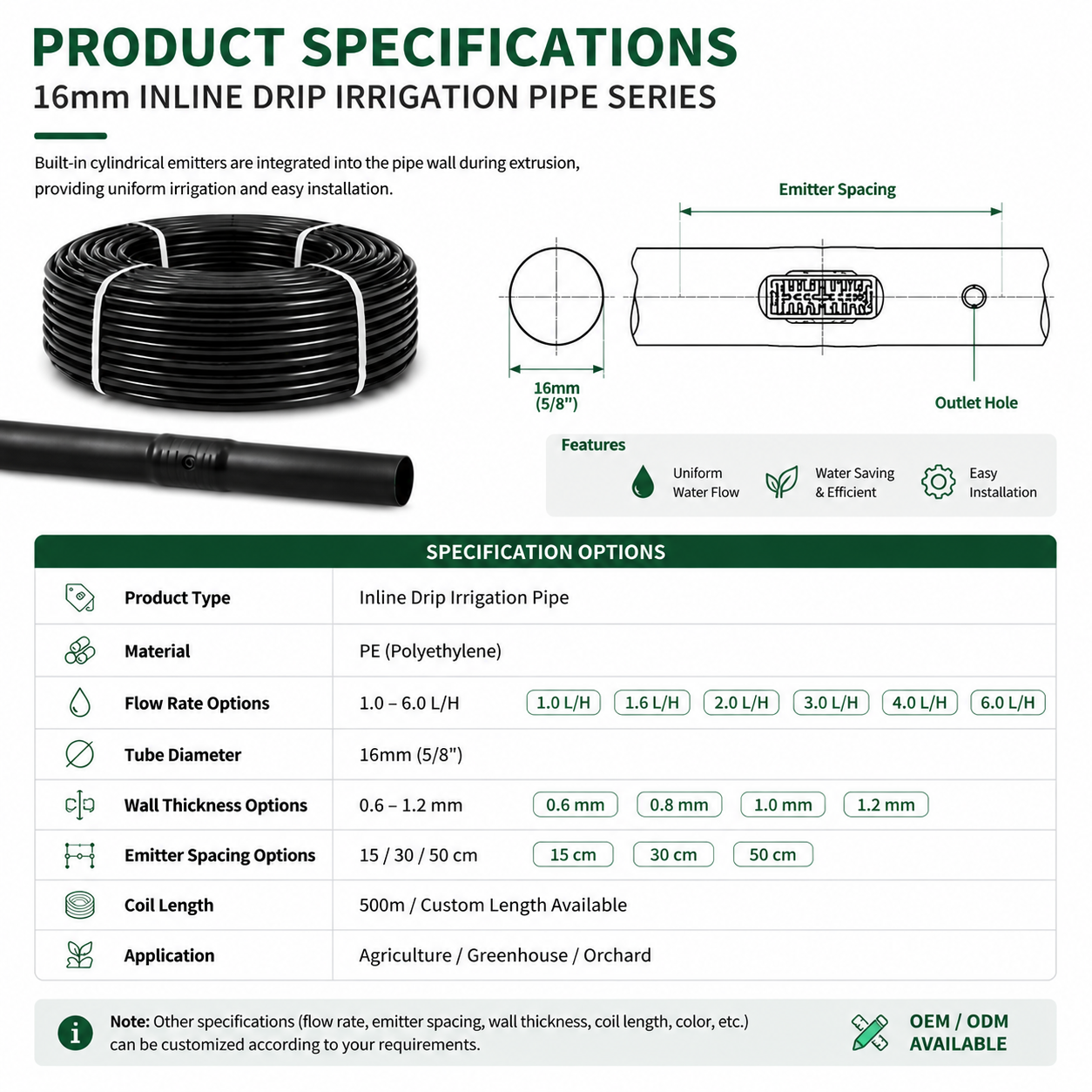 16mm Inline Drip Irrigation Pipe with Built-in Emitters,Aquagrowirrigation,16mm Inline Drip Irrigation Pipe | GrowMate