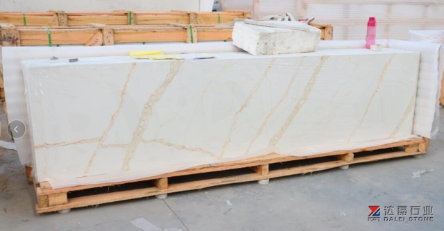 Calacatta White Quartz With Golden Line Countertops Kitchen