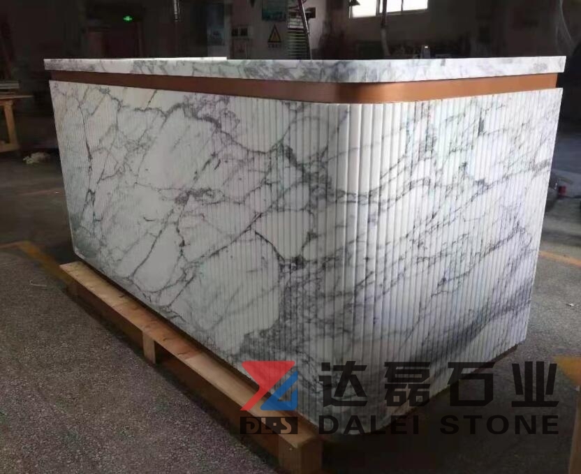 Counter Table Made From Calacatta White Marble Match With Gold Color Steel