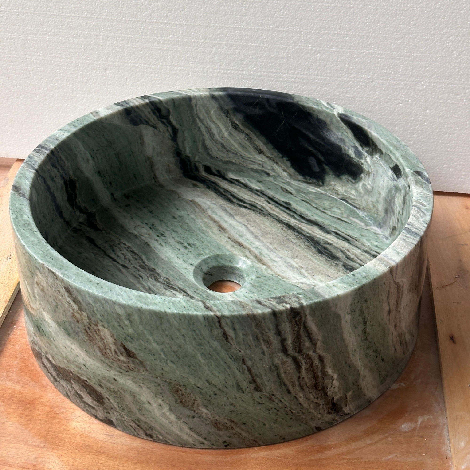 Round Shangri La Green Marble Vessel Sink Natural Marble Wash Basin