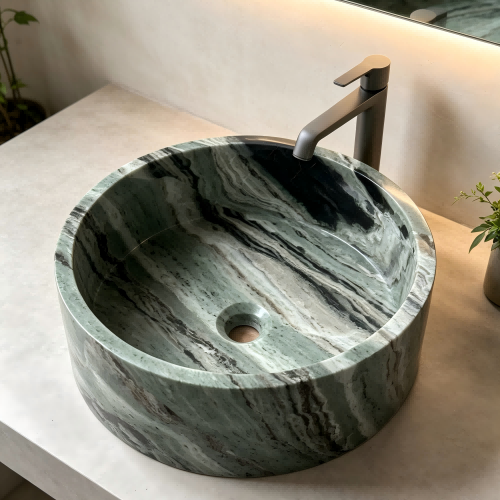 Round Shangri La Green Marble Vessel Sink Natural Marble Wash Basin