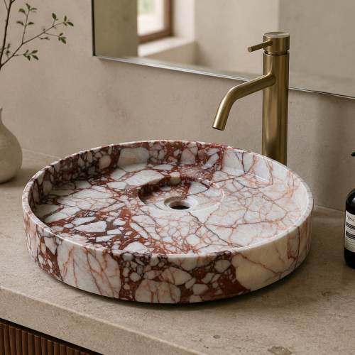 Round Calacatta Viola Marble Vessel Sink Natural Stone Bathroom Wash Basin