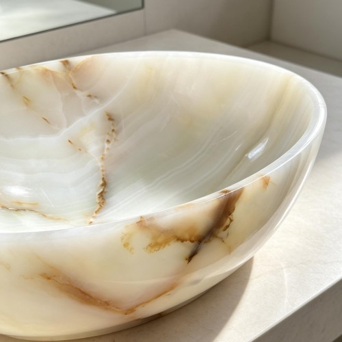 Natural White Onyx Marble Bathroom Vessel Sink Basin