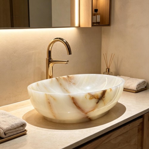Natural White Onyx Marble Bathroom Vessel Sink Basin