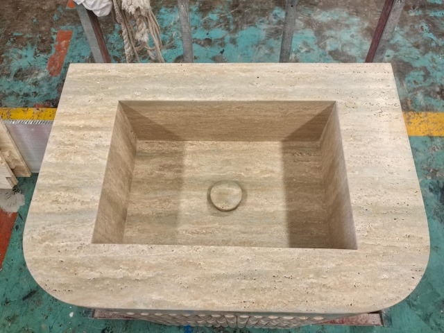 Natural Marble Integrated Fluted Travertine Bathroom Vanity Sink with Cabinet