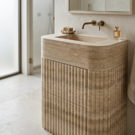Natural Marble Integrated Fluted Travertine Bathroom Vanity Sink with Cabinet