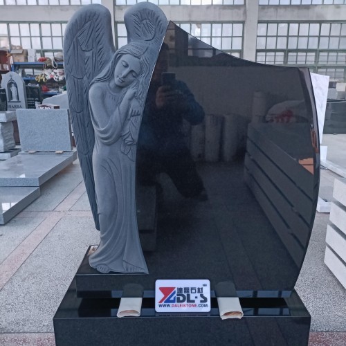 Black Granite Leaning Angel Carved Tombstone Monument
