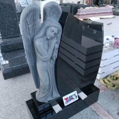 Black Granite Leaning Angel Carved Tombstone Monument