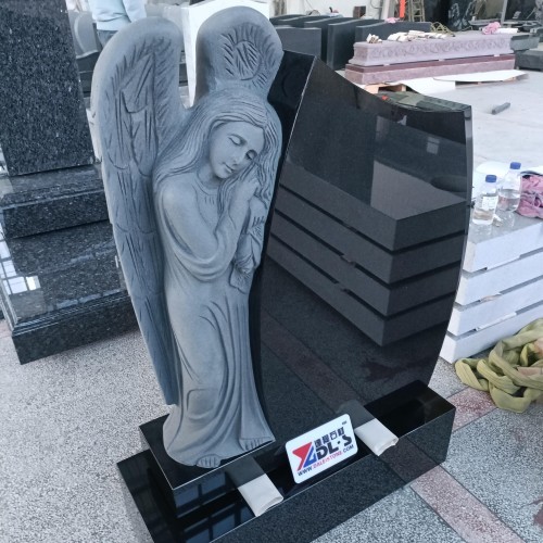 Black Granite Leaning Angel Carved Tombstone Monument