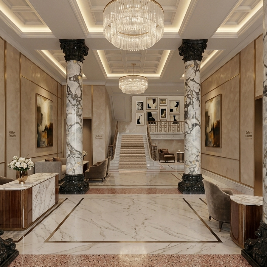 Bulgari White Marble Column with Black White Root Marble