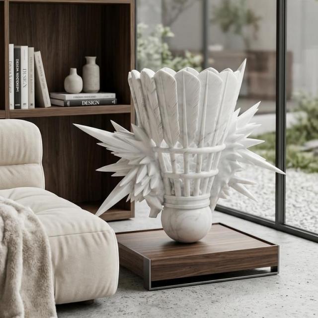 Custom Carved Carrara White Marble Badminton Sculpture