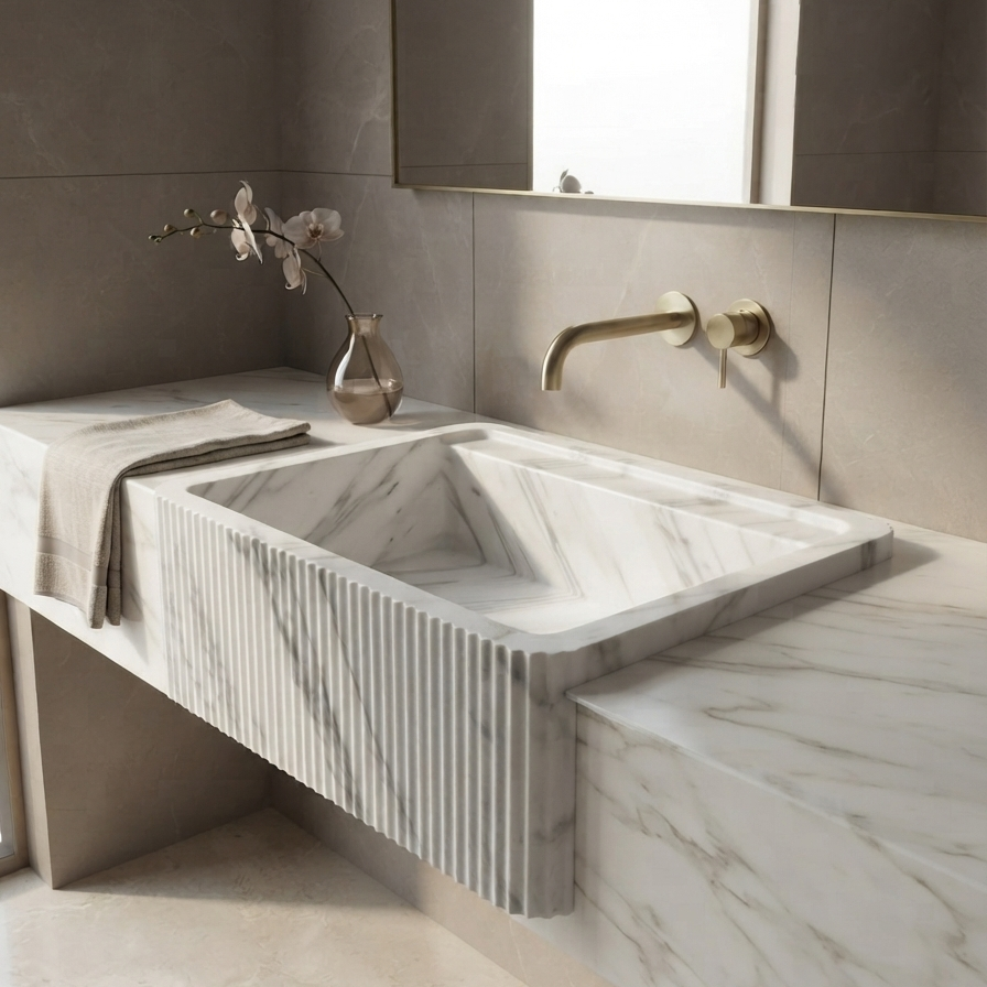 Carrara White Marble Fluted Vessel Sink