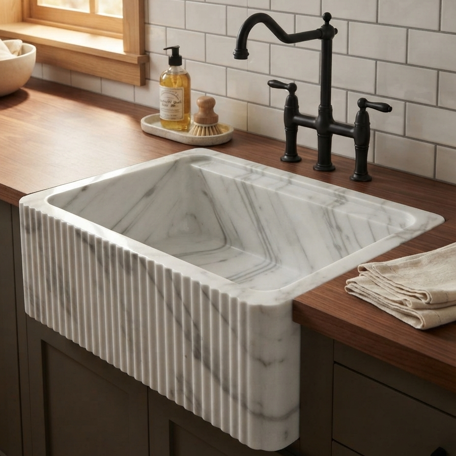 Carrara White Marble Fluted Vessel Sink