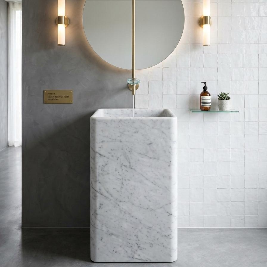 Carrara White Marble Pedestal Wash Basin